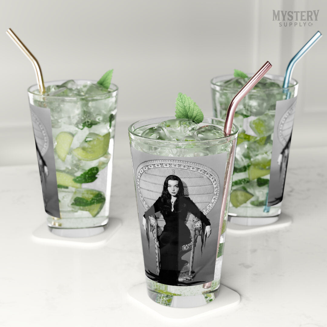 Morticia Addams Carolyn Jones 1960s Vintage Addams Family Witch Horror Monster Beauty Black and White Photo 16oz pint glass home decor glassware from Mystery Supply Co. @mysterysupplyco