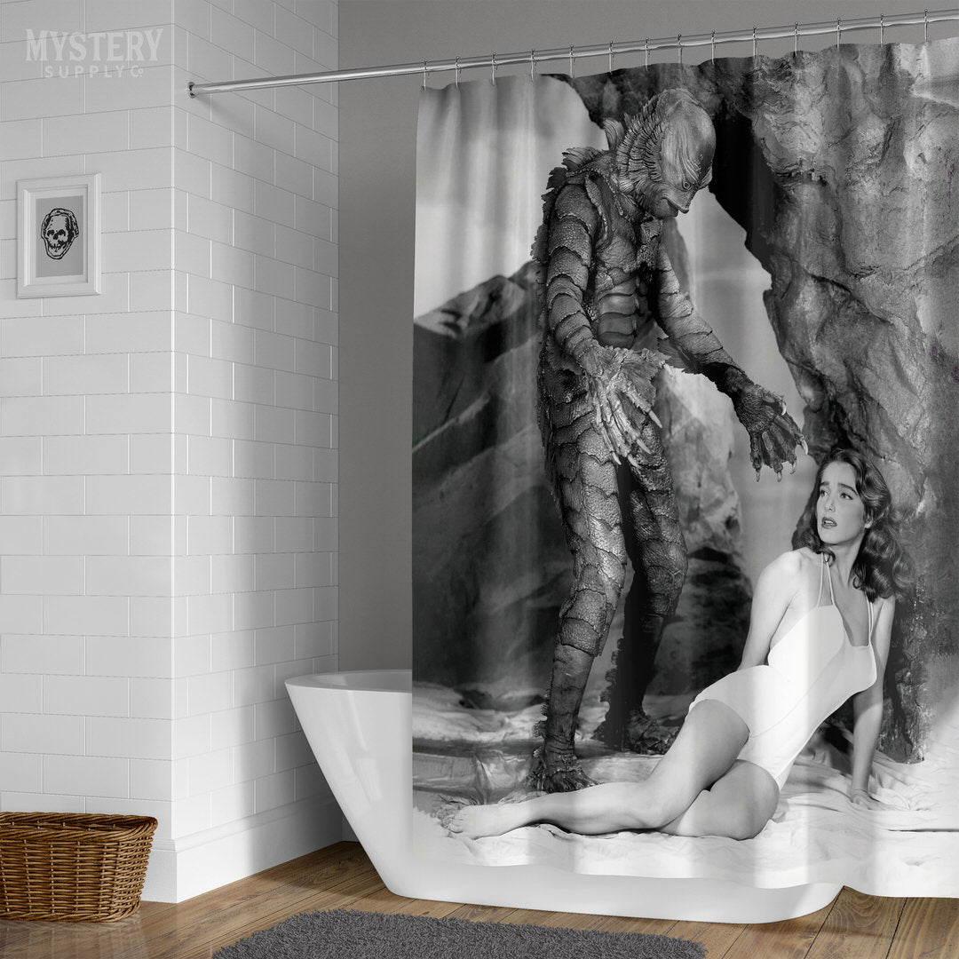 Creature from the Black Lagoon 1954 vintage horror monster Julie Adams swim suit and the gill man black and white photo reproduction shower curtain bathroom decor from Mystery Supply Co. @mysterysupplyco