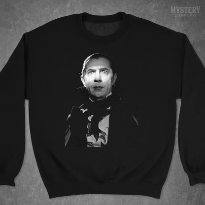 Dracula 1930s Vintage Bela Lugosi Horror Movie Vampire Monster Black and White Photo reproduction Mens Womens Unisex Heavy Blend Crewneck Sweatshirt from Mystery Supply Co. @mysterysupplyco