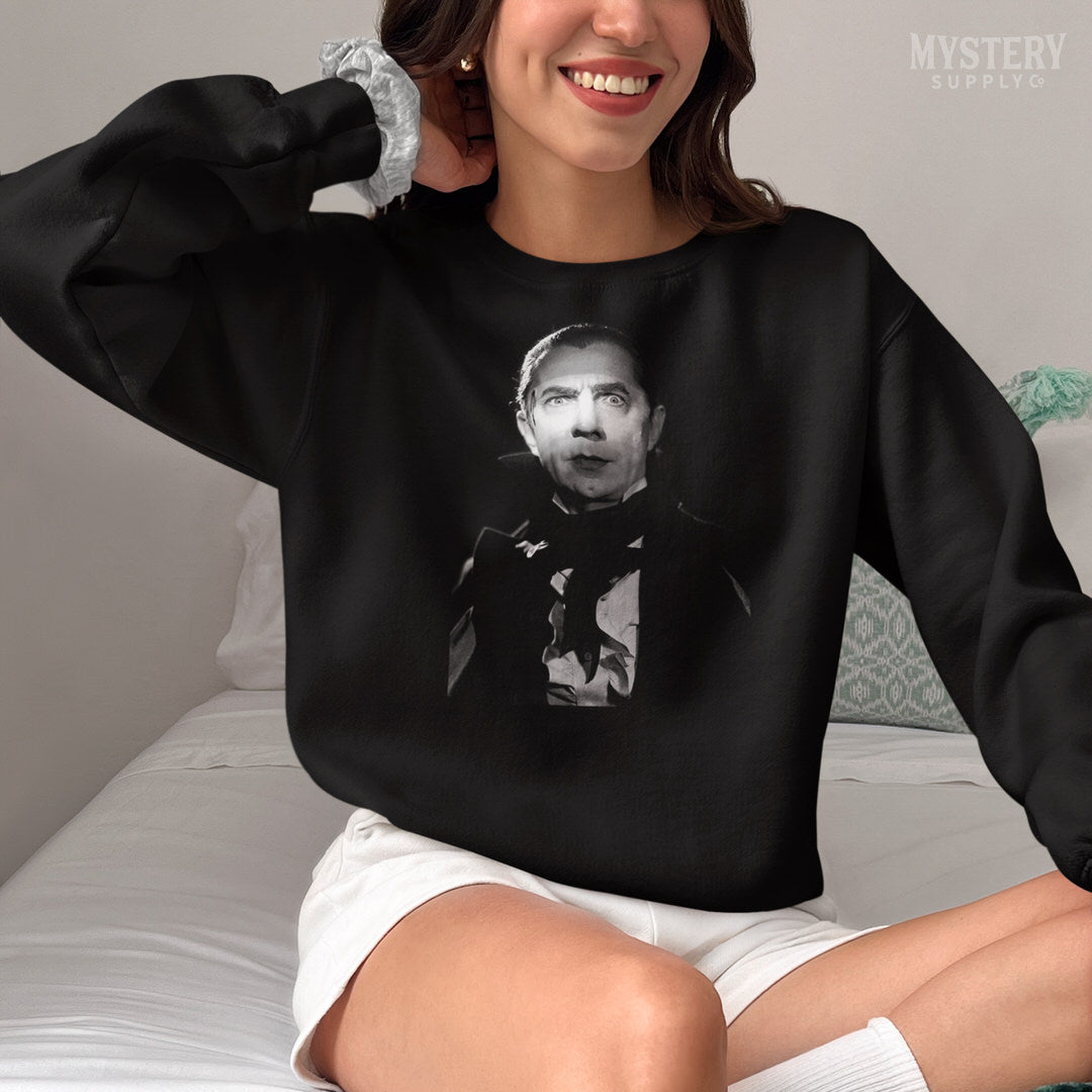 Dracula 1930s Vintage Bela Lugosi Horror Movie Vampire Monster Black and White Photo reproduction Mens Womens Unisex Heavy Blend Crewneck Sweatshirt from Mystery Supply Co. @mysterysupplyco