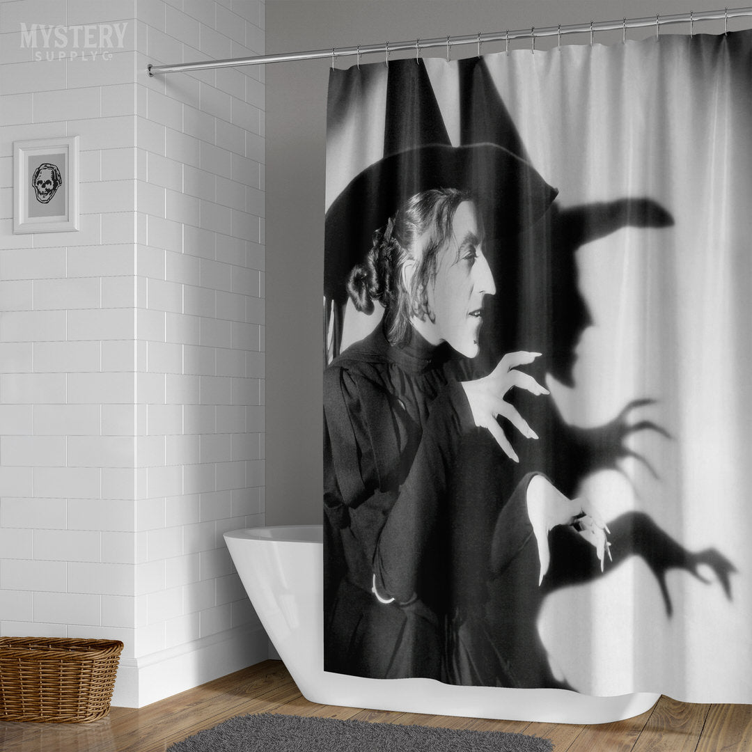 Wicked Witch of the West 1930s vintage profile with shadow Margaret Hamilton Wizard of Oz black and white movie photo reproduction shower curtain bathroom decor from Mystery Supply Co. @mysterysupplyco