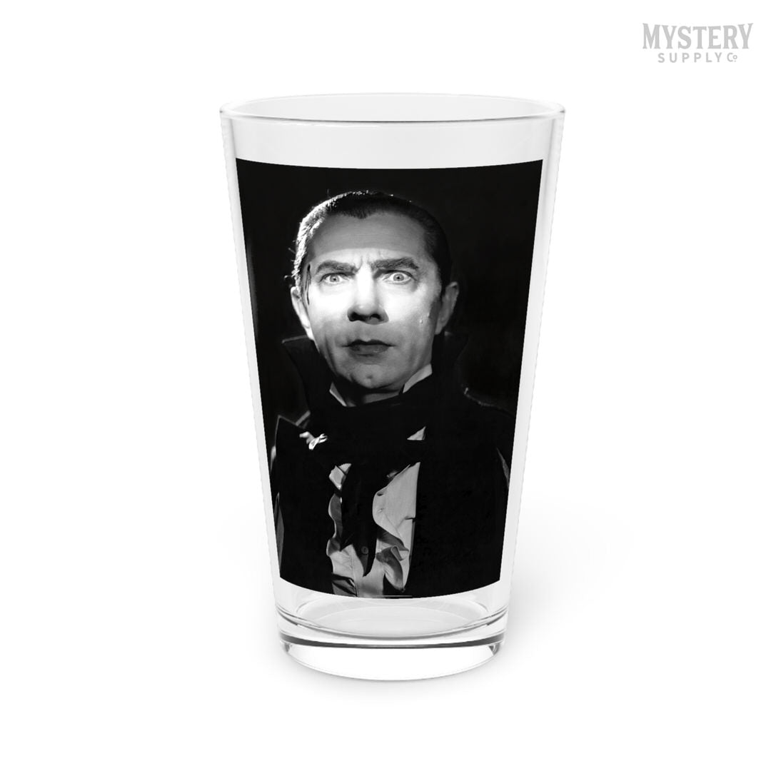 Dracula 1930s Vintage Bela Lugosi Horror Movie Vampire Monster Black and White Photo reproduction 16oz pint glass home decor glassware from Mystery Supply Co. @mysterysupplyco