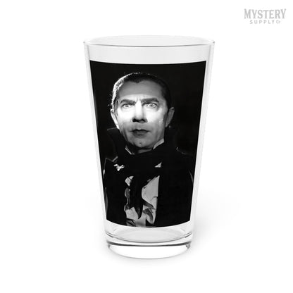 Dracula 1930s Vintage Bela Lugosi Horror Movie Vampire Monster Black and White Photo reproduction 16oz pint glass home decor glassware from Mystery Supply Co. @mysterysupplyco