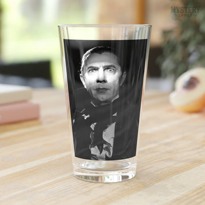 Dracula 1930s Vintage Bela Lugosi Horror Movie Vampire Monster Black and White Photo reproduction 16oz pint glass home decor glassware from Mystery Supply Co. @mysterysupplyco