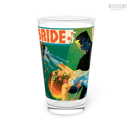 Bride of Frankenstein 1935 vintage promotional illustration horror monster movie poster reproduction 16oz pint glass home decor glassware from Mystery Supply Co. @mysterysupplyco