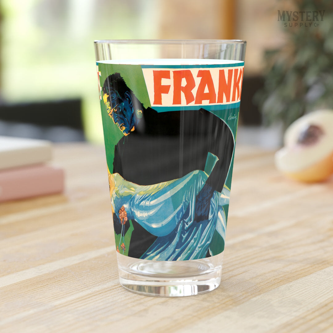 Bride of Frankenstein 1935 vintage promotional illustration horror monster movie poster reproduction 16oz pint glass home decor glassware from Mystery Supply Co. @mysterysupplyco