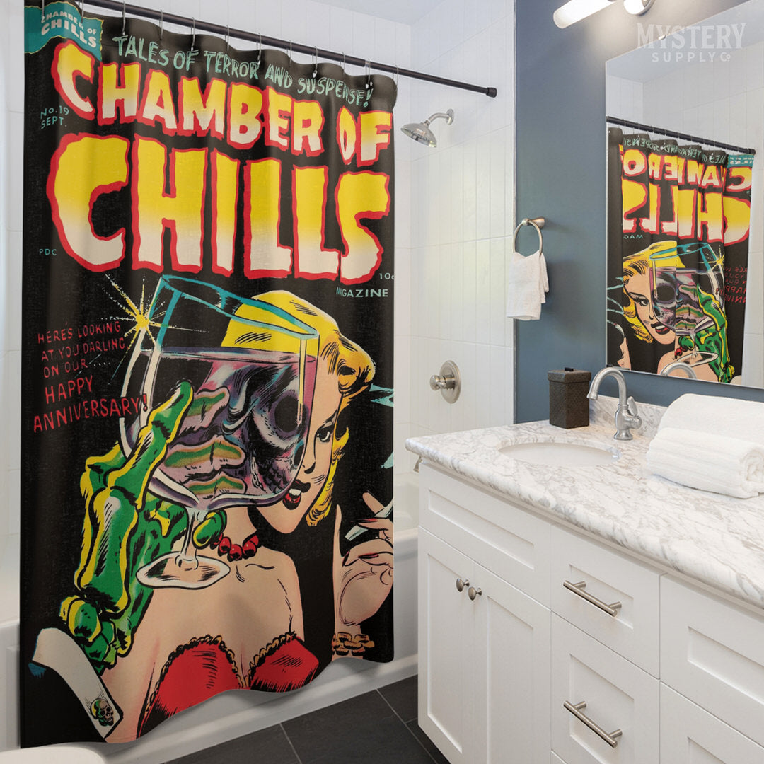 Chamber of Chills #19 vintage horror comic cover reproduction shower curtain bathroom decor from Mystery Supply Co. @mysterysupplyco