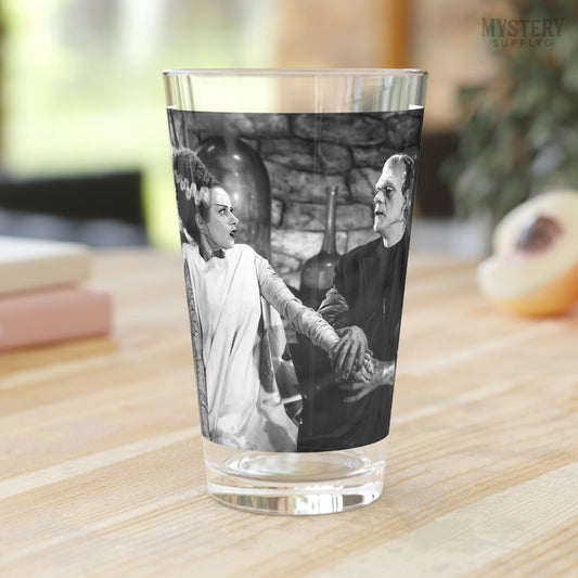 Bride of Frankenstein 1935 Vintage Horror Movie Monster Couple Black and White Photo reproduction 16oz pint glass home decor glassware from Mystery Supply Co. @mysterysupplyco