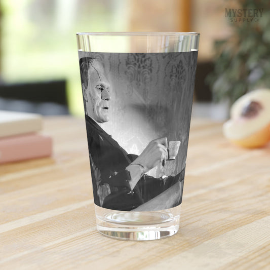 Frankenstein Vintage Boris Karloff Relaxing Smoking Drinking Tea Horror Movie Monster Black and White Photo reproduction 16oz pint glass home decor glassware from Mystery Supply Co. @mysterysupplyco