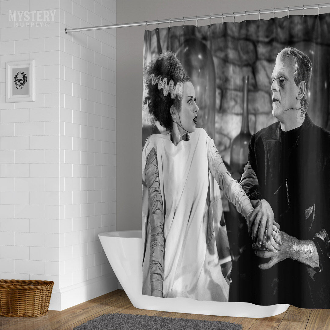 Bride of Frankenstein 1935 Vintage Horror Movie Monster Couple Black and White Photo reproduction shower curtain bathroom decor from Mystery Supply Co. @mysterysupplyco