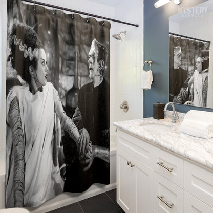 Bride of Frankenstein 1935 Vintage Horror Movie Monster Couple Black and White Photo reproduction shower curtain bathroom decor from Mystery Supply Co. @mysterysupplyco