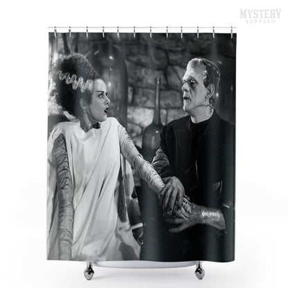 Bride of Frankenstein 1935 Vintage Horror Movie Monster Couple Black and White Photo reproduction shower curtain bathroom decor from Mystery Supply Co. @mysterysupplyco