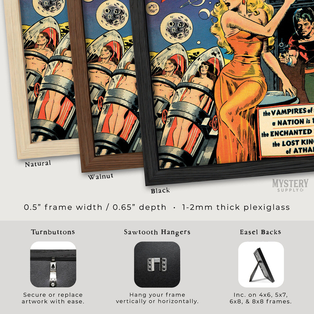 Framed vintage-style posters with different frame options displayed. Strange Worlds #4 vintage comic cover reproduction from Mystery Supply Co. @mysterysupplyco