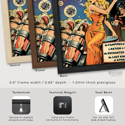 Framed vintage-style posters with different frame options displayed. Strange Worlds #4 vintage comic cover reproduction from Mystery Supply Co. @mysterysupplyco