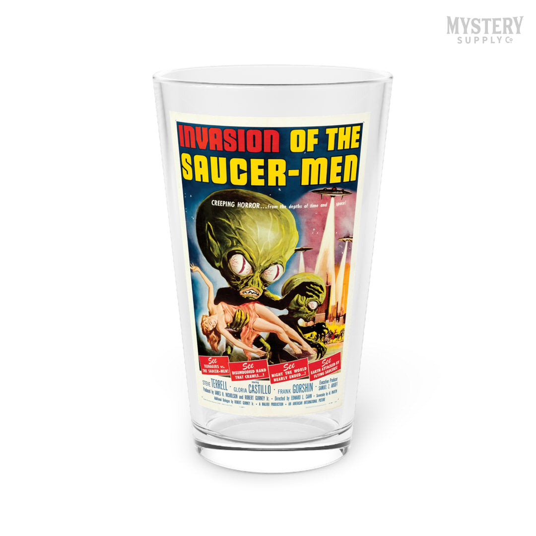 Invasion of the Saucer-Men 1957 vintage science fiction UFO flying saucer alien martian movie poster 16oz pint glass home decor glassware from Mystery Supply Co. @mysterysupplyco