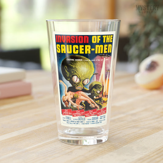 Invasion of the Saucer-Men 1957 vintage science fiction UFO flying saucer alien martian movie poster 16oz pint glass home decor glassware from Mystery Supply Co. @mysterysupplyco