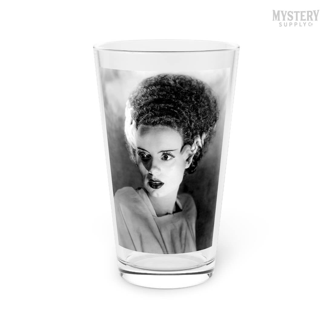 Bride of Frankenstein 1935 Vintage Elsa Lanchester Horror Movie Monster Black and White Photo reproduction 16oz pint glass home decor glassware from Mystery Supply Co. @mysterysupplyco