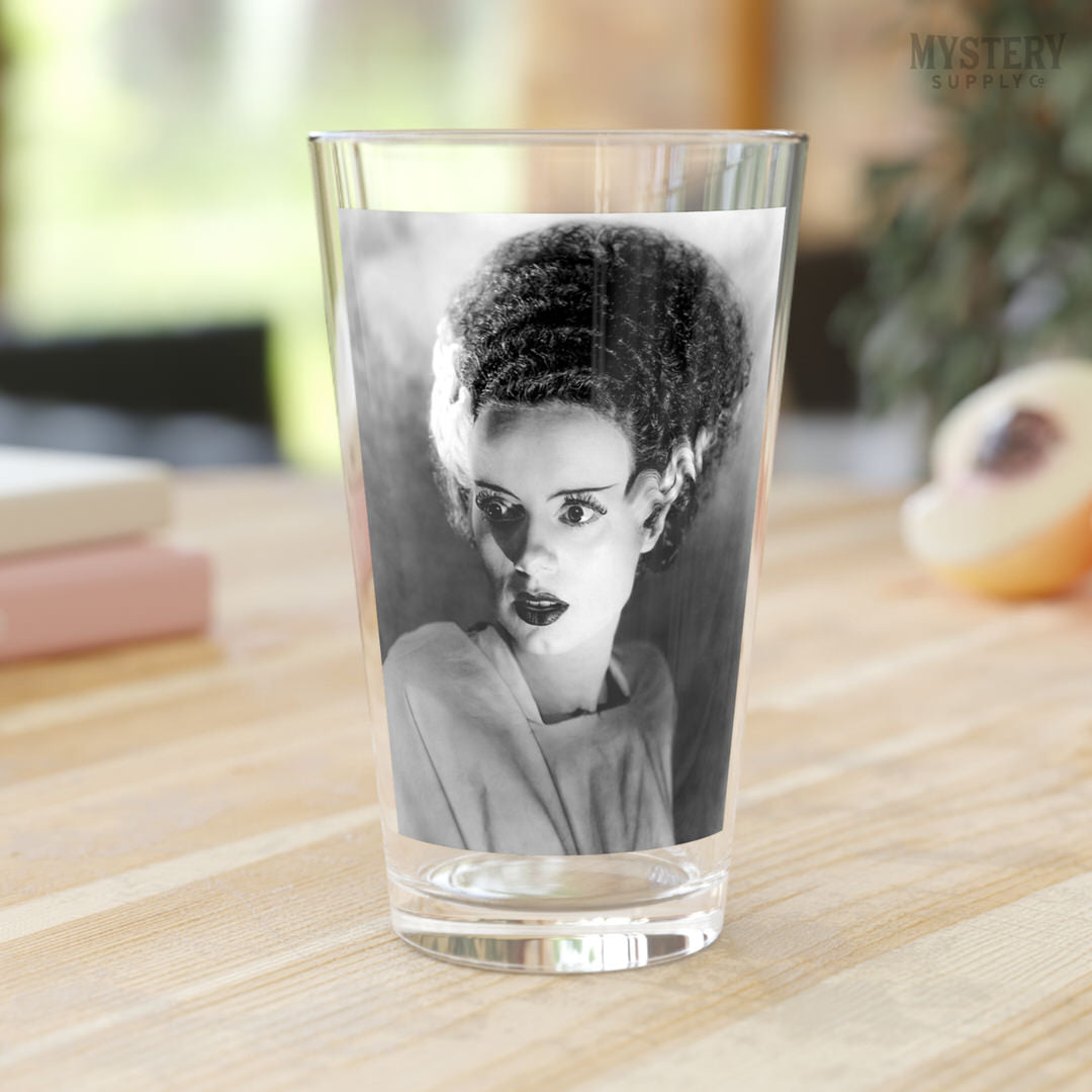 Bride of Frankenstein 1935 Vintage Elsa Lanchester Horror Movie Monster Black and White Photo reproduction 16oz pint glass home decor glassware from Mystery Supply Co. @mysterysupplyco