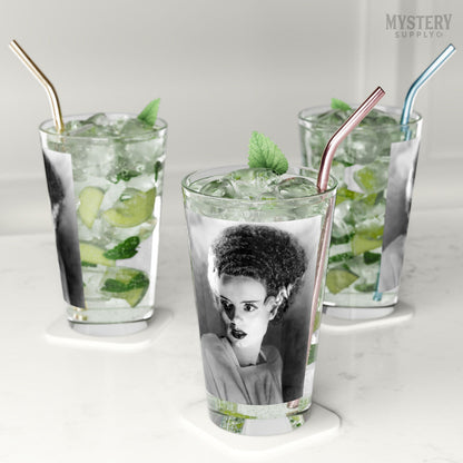 Bride of Frankenstein 1935 Vintage Elsa Lanchester Horror Movie Monster Black and White Photo reproduction 16oz pint glass home decor glassware from Mystery Supply Co. @mysterysupplyco