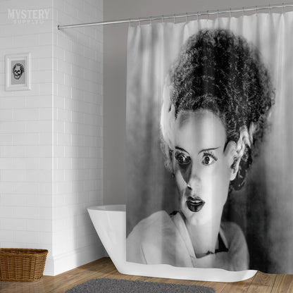 Bride of Frankenstein 1935 Vintage Elsa Lanchester Horror Movie Monster Black and White Photo reproduction shower curtain bathroom decor from Mystery Supply Co. @mysterysupplyco