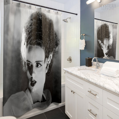 Bride of Frankenstein 1935 Vintage Elsa Lanchester Horror Movie Monster Black and White Photo reproduction shower curtain bathroom decor from Mystery Supply Co. @mysterysupplyco