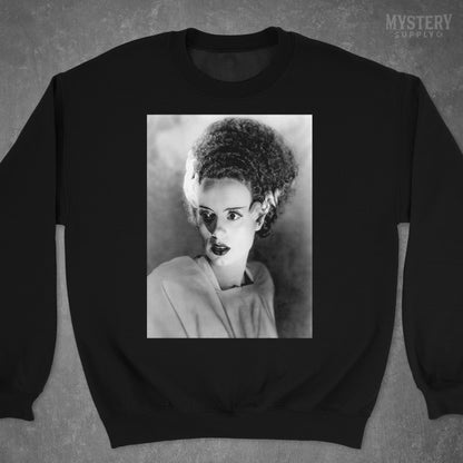 Bride of Frankenstein 1935 Vintage Elsa Lanchester Horror Movie Monster Black and White Photo reproduction Mens Womens Unisex Heavy Blend Crewneck Sweatshirt from Mystery Supply Co. @mysterysupplyco