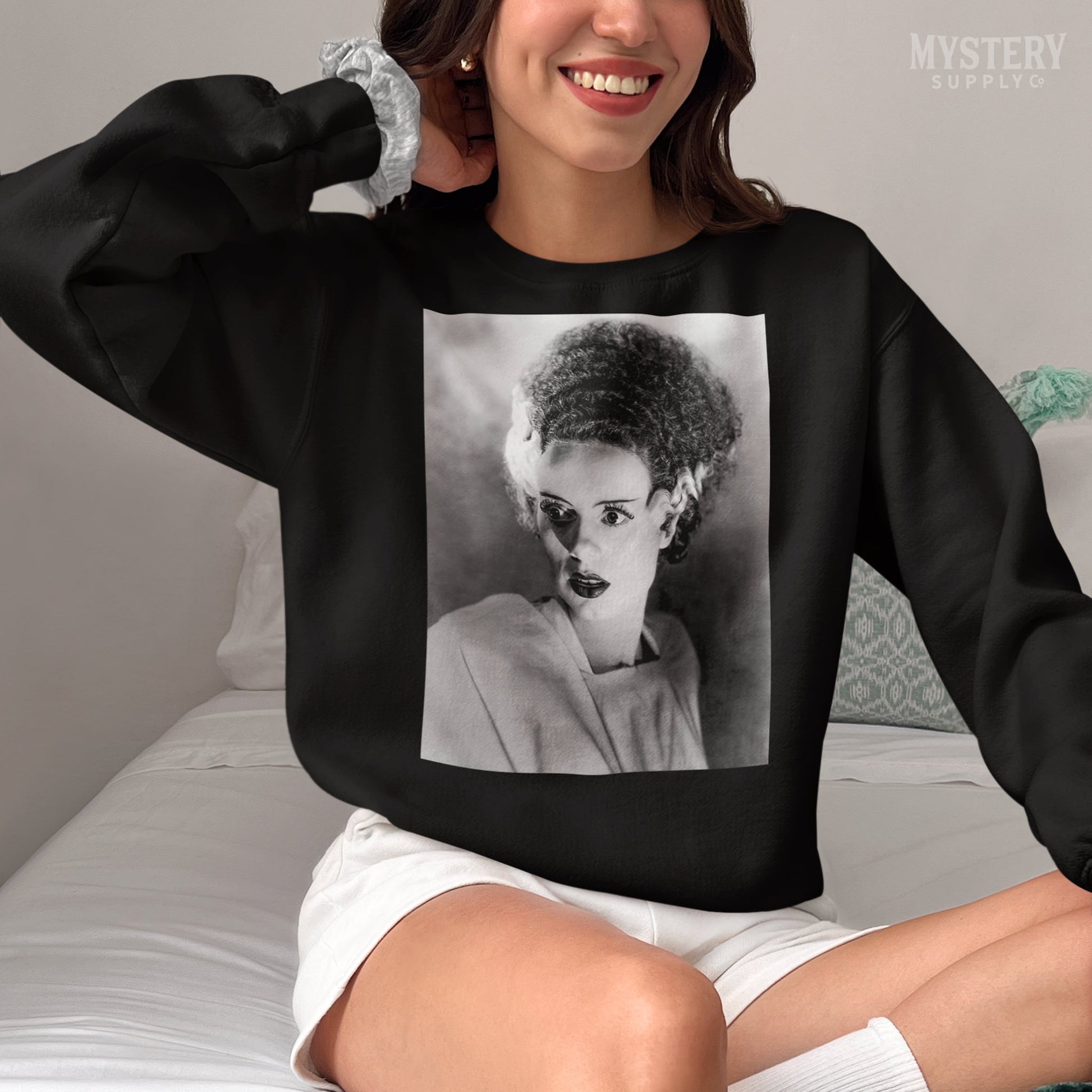 Bride of Frankenstein 1935 Vintage Elsa Lanchester Horror Movie Monster Black and White Photo reproduction Mens Womens Unisex Heavy Blend Crewneck Sweatshirt from Mystery Supply Co. @mysterysupplyco