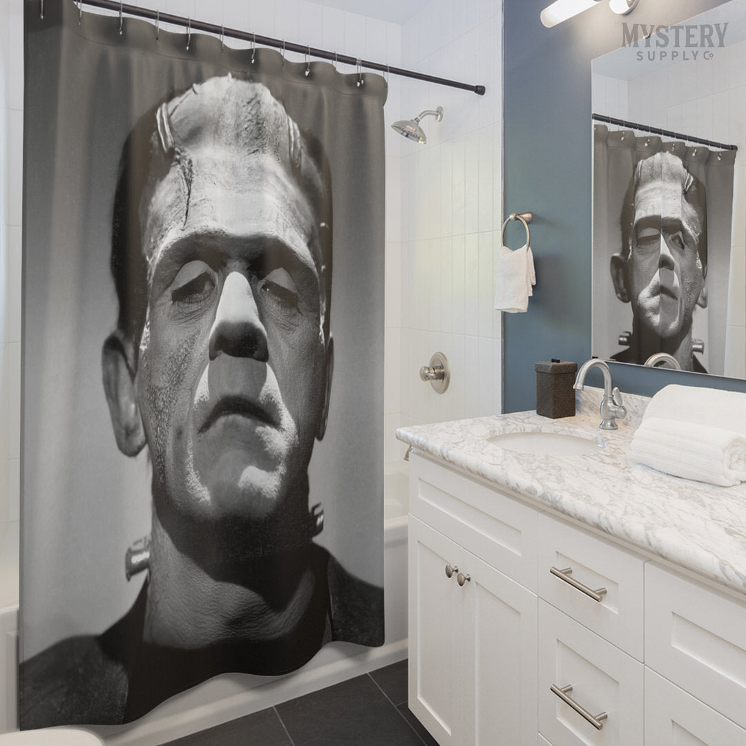 Frankenstein 1931 Vintage Horror Movie Monster Photo shower curtain bathroom decor from Mystery Supply Co. @mysterysupplyco