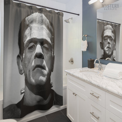 Frankenstein 1931 Vintage Horror Movie Monster Photo shower curtain bathroom decor from Mystery Supply Co. @mysterysupplyco