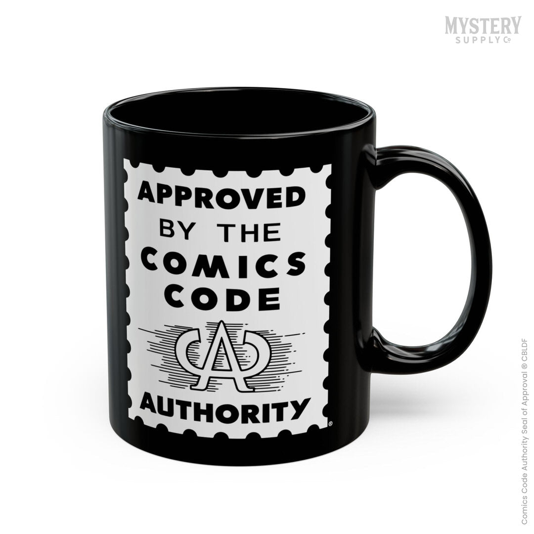 Approved by the Comics Code Authority 11oz black ceramic vintage comic book coffee mug from Mystery Supply Co. @mysterysupplyco