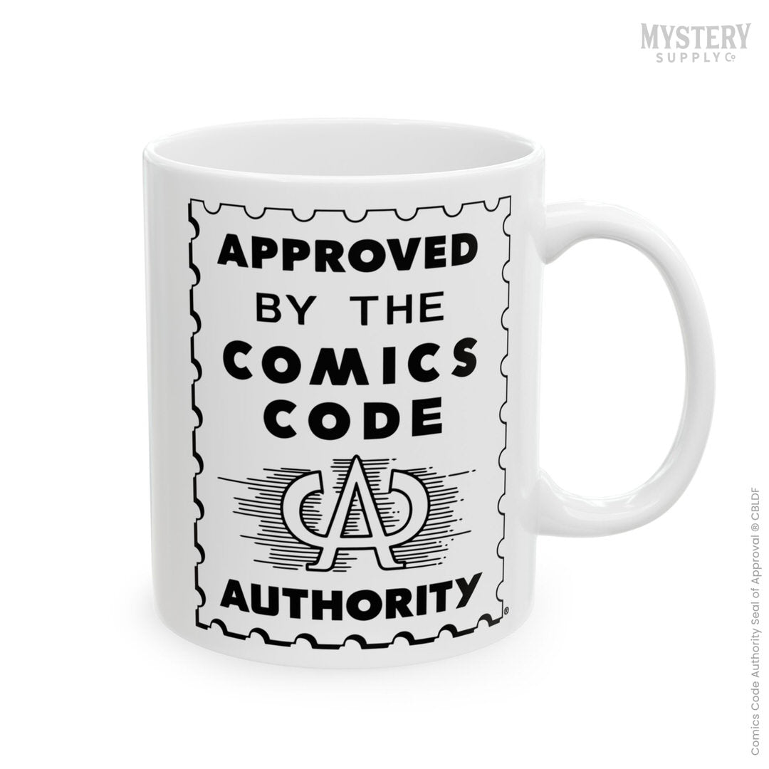 Approved by the Comics Code Authority 11oz white ceramic vintage comic book coffee mug from Mystery Supply Co. @mysterysupplyco