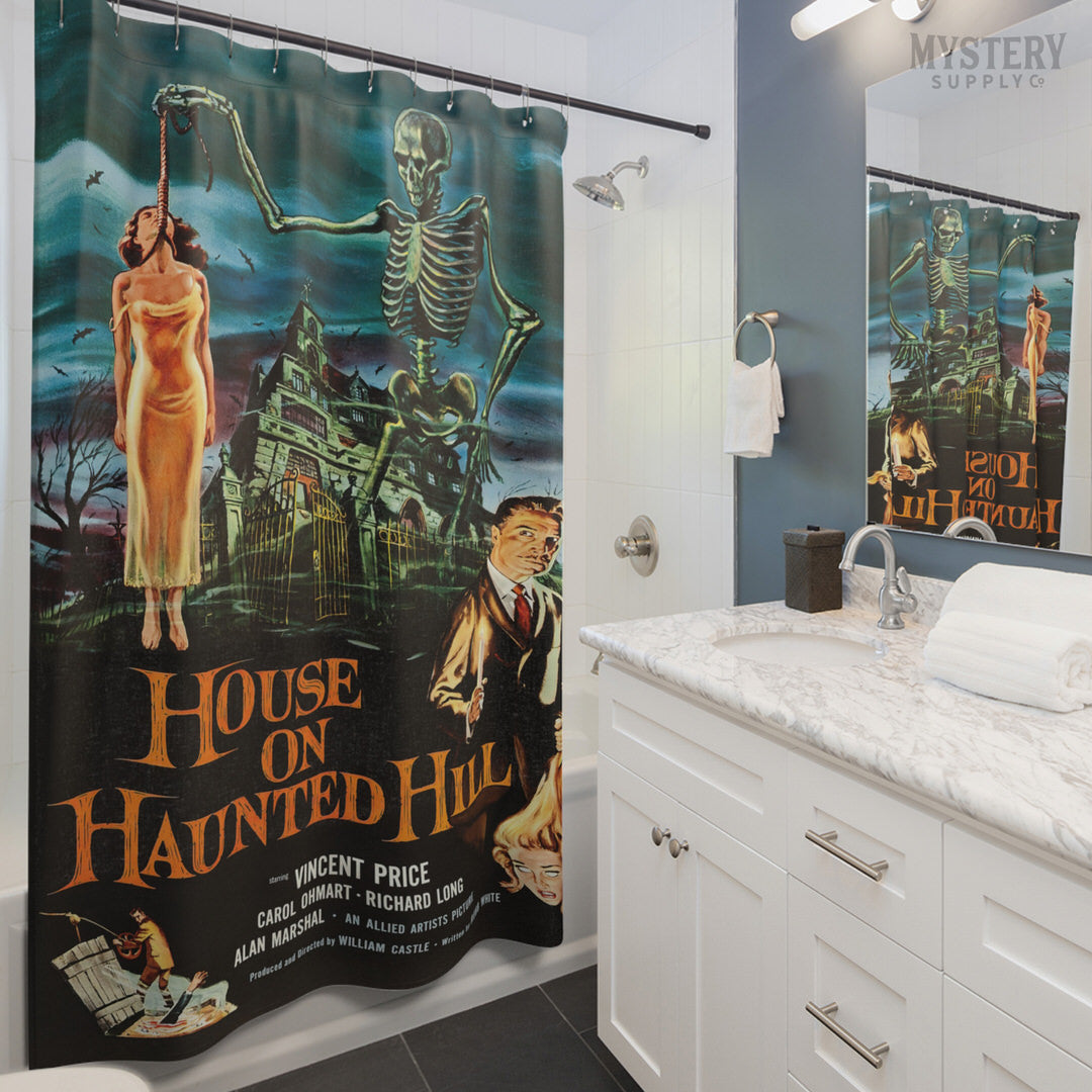 House on Haunted Hill 1959 Horror Movie shower curtain bathroom decor from Mystery Supply Co. @mysterysupplyco