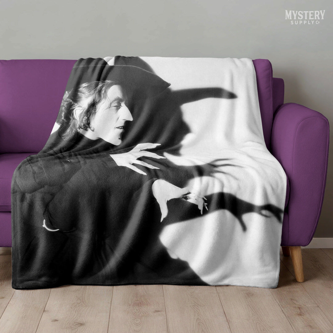 Wicked Witch of the West 1930s vintage profile with shadow Margaret Hamilton Wizard of Oz black and white movie velveteen plush throw blanket from Mystery Supply Co. @mysterysupplyco