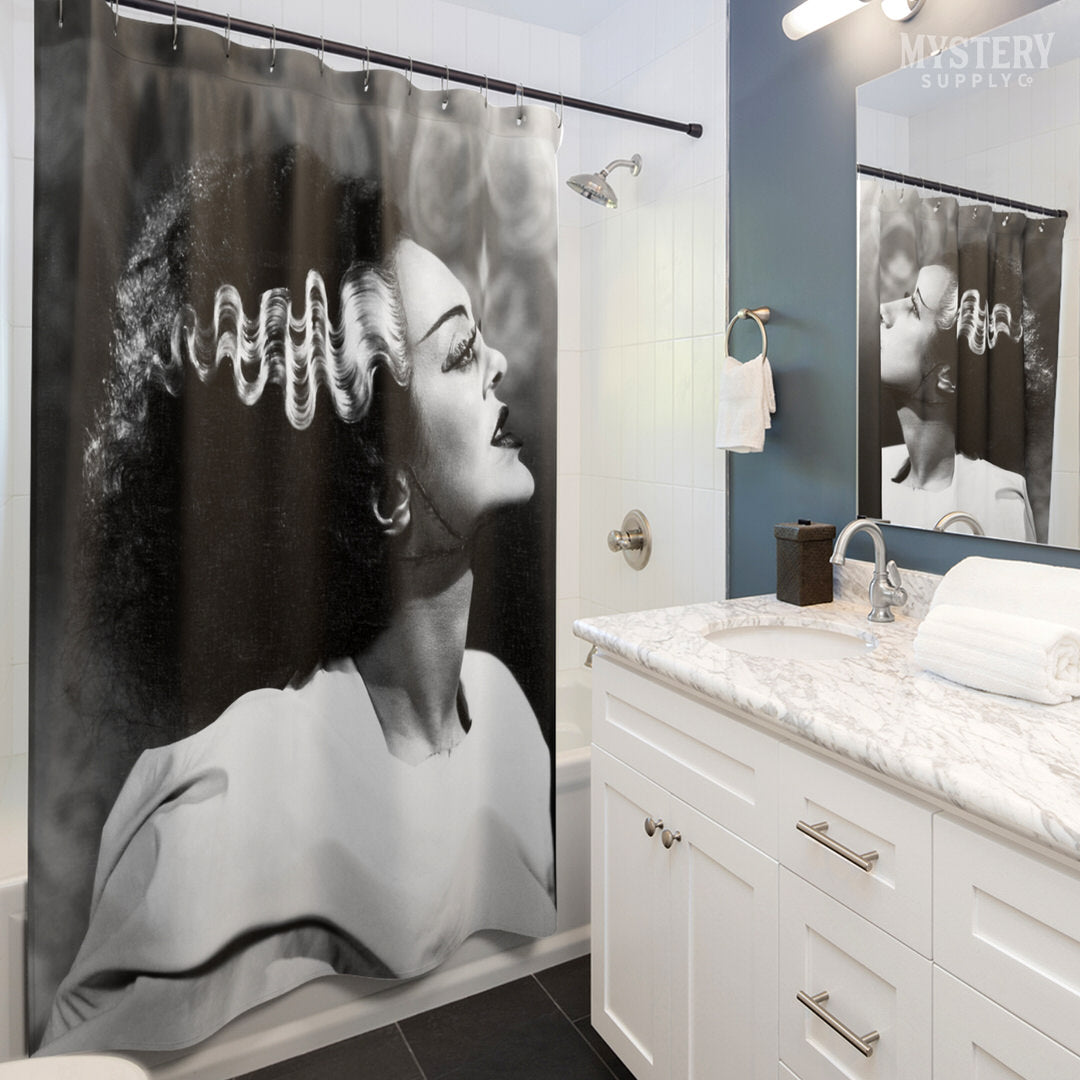 Bride of Frankenstein 1935 Vintage Horror Movie Monster Black and White Elsa Lanchester Profile Photo reproduction shower curtain bathroom decor from Mystery Supply Co. @mysterysupplyco