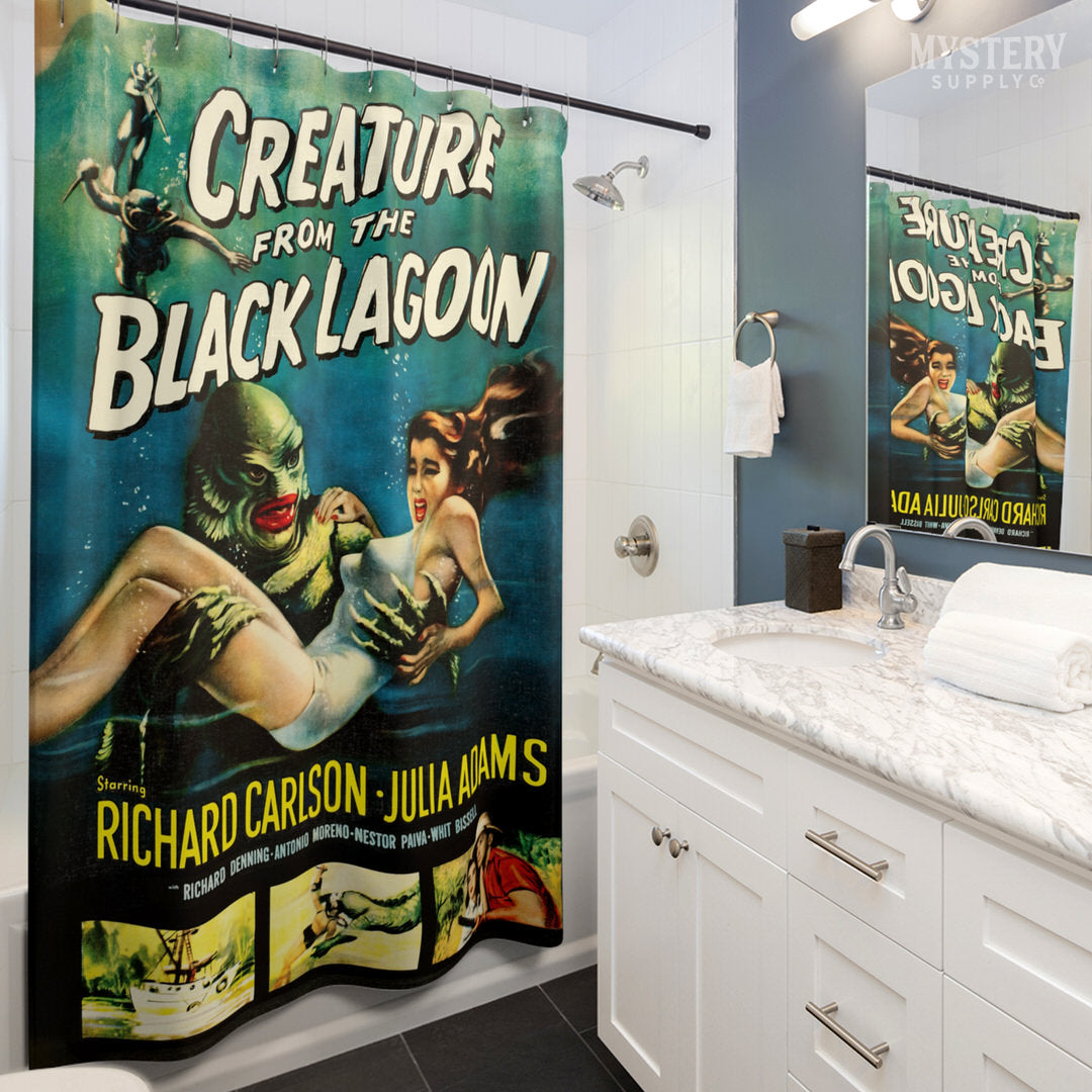 Creature from the Black Lagoon 1954 vintage horror monster gill man movie poster reproduction  shower curtain bathroom decor from Mystery Supply Co. @mysterysupplyco