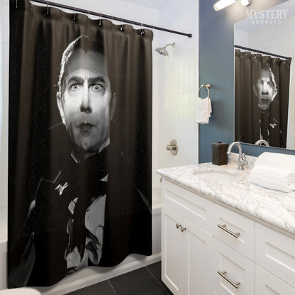 Dracula 1930s Vintage Bela Lugosi Horror Movie Vampire Monster Black and White Photo reproduction shower curtain bathroom decor from Mystery Supply Co. @mysterysupplyco