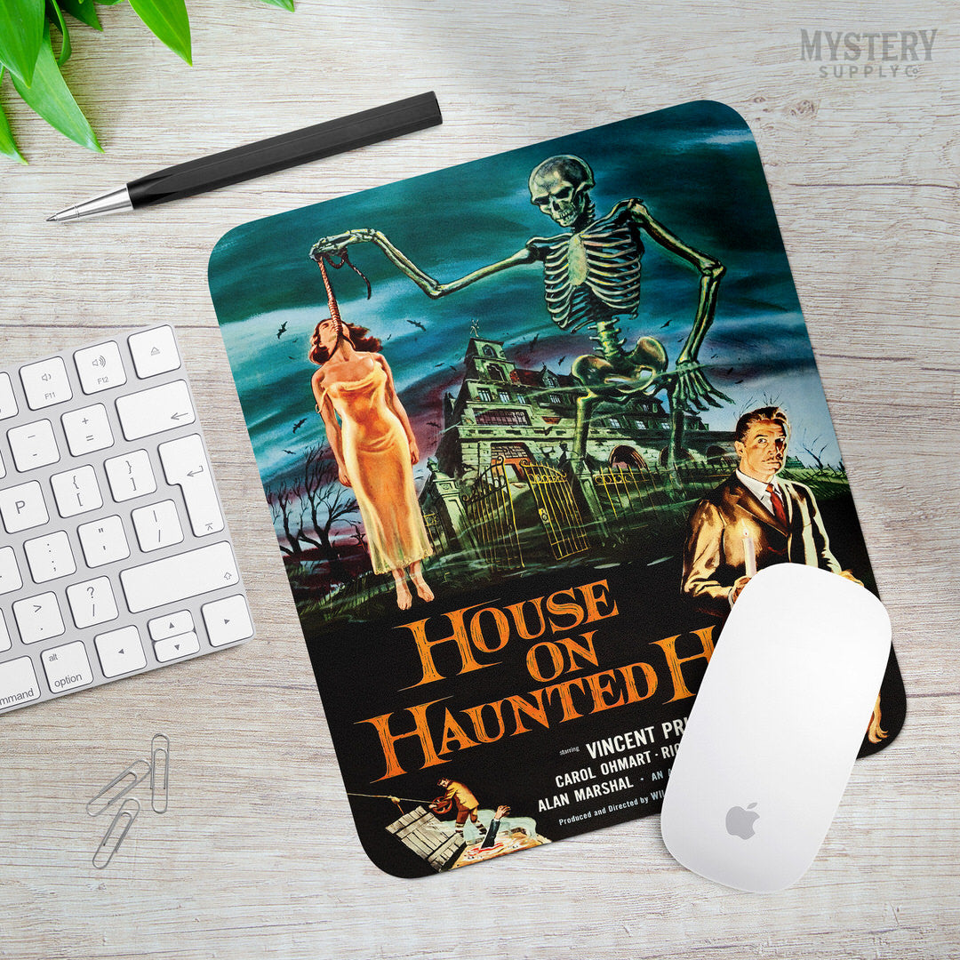 House on Haunted Hill 1959 vintage horror skeleton Vincent Price movie poster reproduction mousepad from Mystery Supply Co. @mysterysupplyco