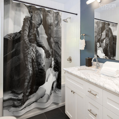 Creature from the Black Lagoon 1954 vintage horror monster Julie Adams swim suit and the gill man black and white photo reproduction shower curtain bathroom decor from Mystery Supply Co. @mysterysupplyco