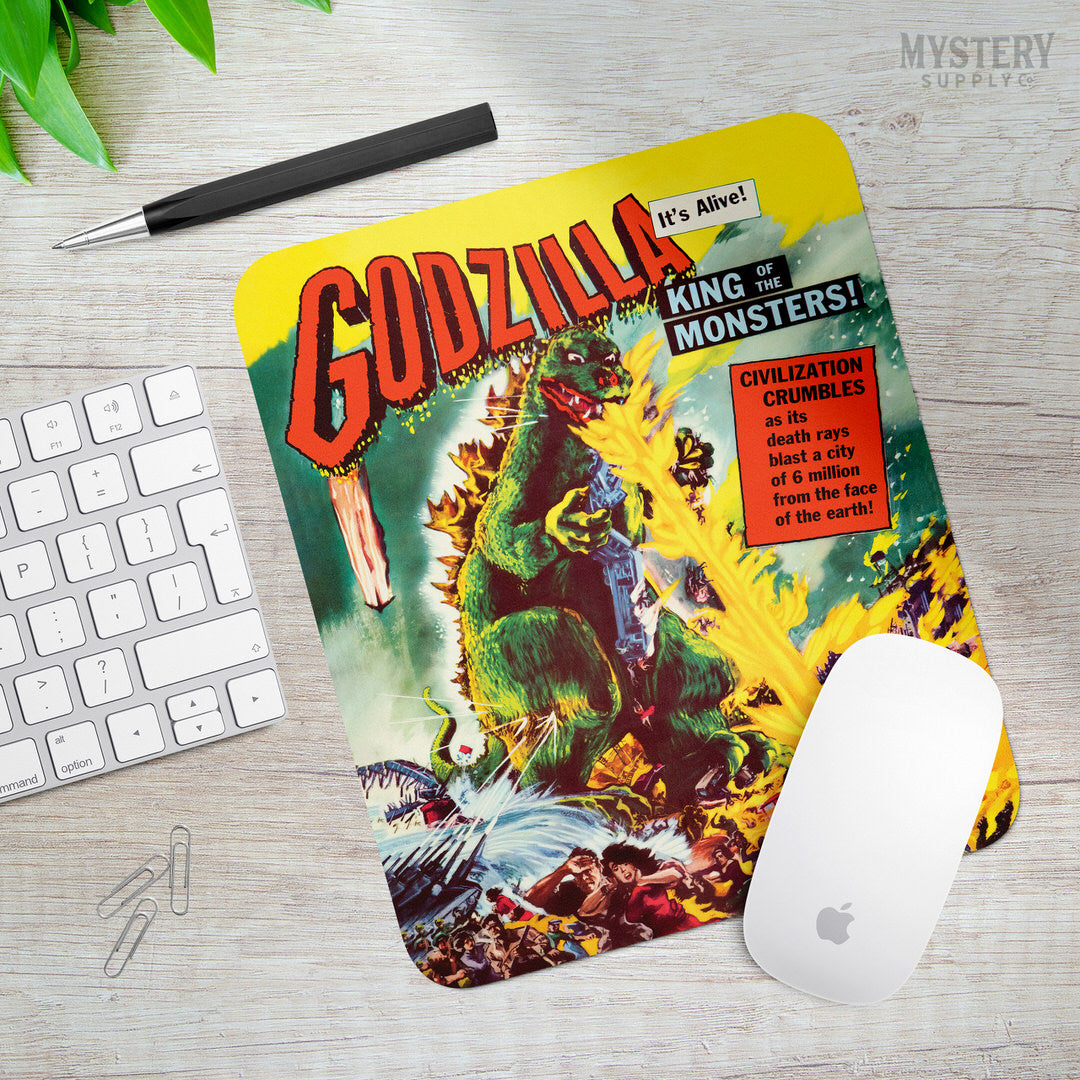 Godzilla 1956 vintage horror monster Gojira lizard movie poster reproduction mousepad from Mystery Supply Co. @mysterysupplyco