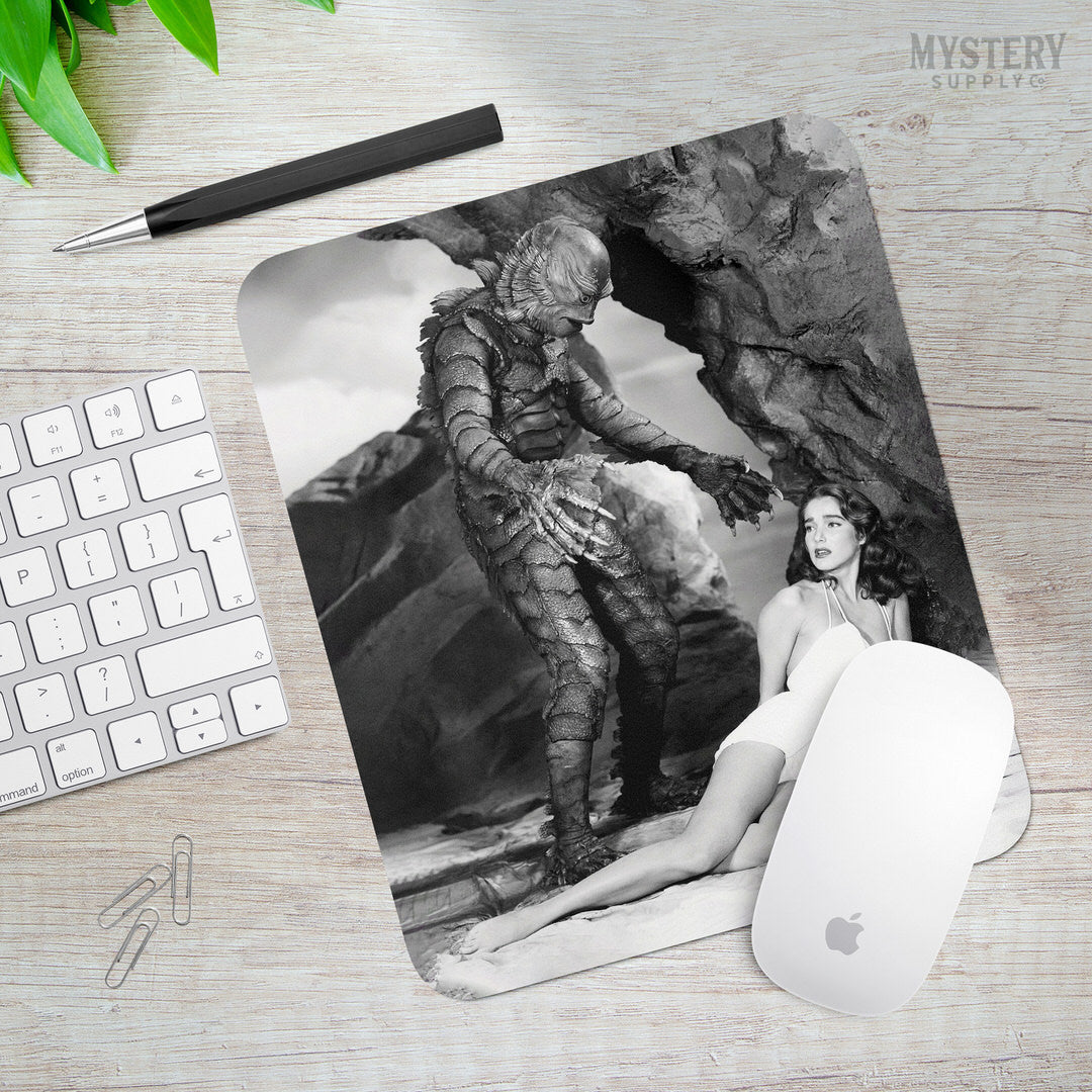 Creature from the Black Lagoon 1954 vintage horror monster Julie Adams swimsuit and the gill man black and white photo reproduction mousepad from Mystery Supply Co. @mysterysupplyco