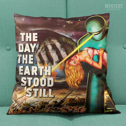 The Day the Earth Stood Still 1951 vintage science fiction robot double sided decorative throw pillow home decor from Mystery Supply Co. @mysterysupplyco