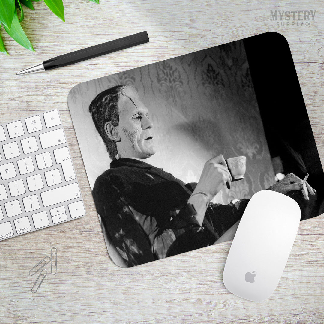 Frankenstein Vintage Boris Karloff Relaxing Smoking Drinking Tea Horror Movie Monster Black and White Photo mousepad office decor desk accessories from Mystery Supply Co. @mysterysupplyco