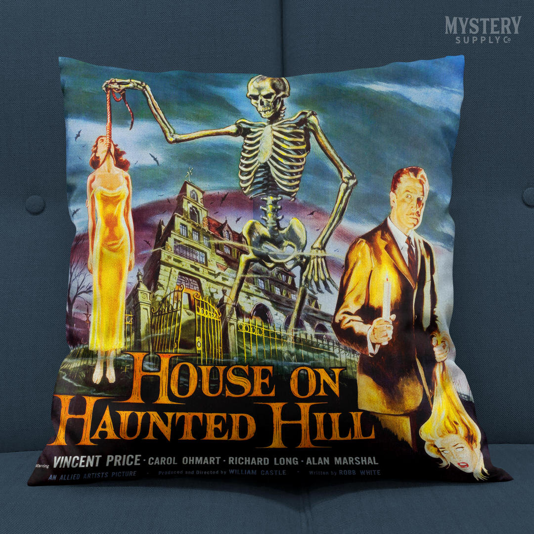House on Haunted Hill 1959 vintage horror skeleton Vincent Price double sided decorative throw pillow home decor from Mystery Supply Co. @mysterysupplyco