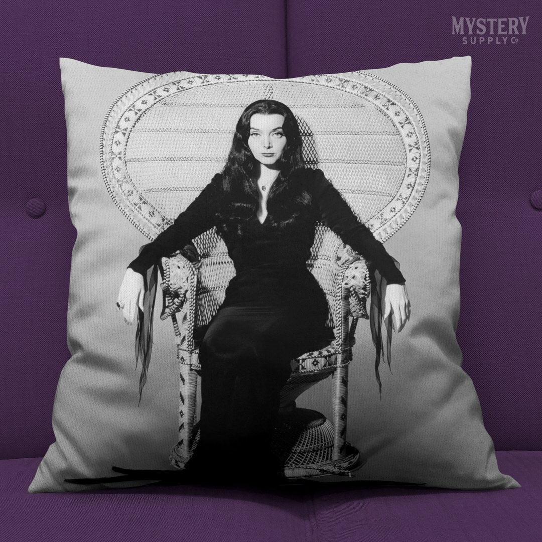 Morticia Addams Carolyn Jones 1960s Vintage Addams Family Witch Horror Monster Beauty Black and White  double sided decorative throw pillow home decor from Mystery Supply Co. @mysterysupplyco