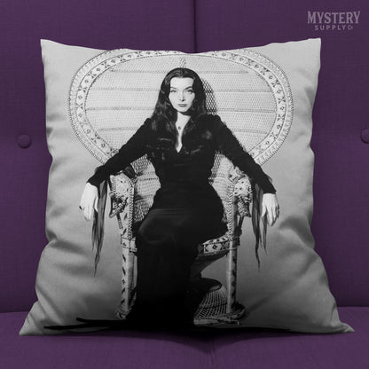 Morticia Addams Carolyn Jones 1960s Vintage Addams Family Witch Horror Monster Beauty Black and White  double sided decorative throw pillow home decor from Mystery Supply Co. @mysterysupplyco
