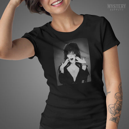 Elvira Mistress of the Dark 1980s Vintage Cassandra Peterson Vampire Horror Monster Scream Queen Mens Womens Unisex T-Shirt from Mystery Supply Co. @mysterysupplyco