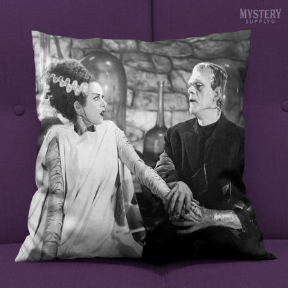 Bride of Frankenstein 1935 Vintage Horror Movie Monster Couple Black and White double sided decorative throw pillow home decor from Mystery Supply Co. @mysterysupplyco