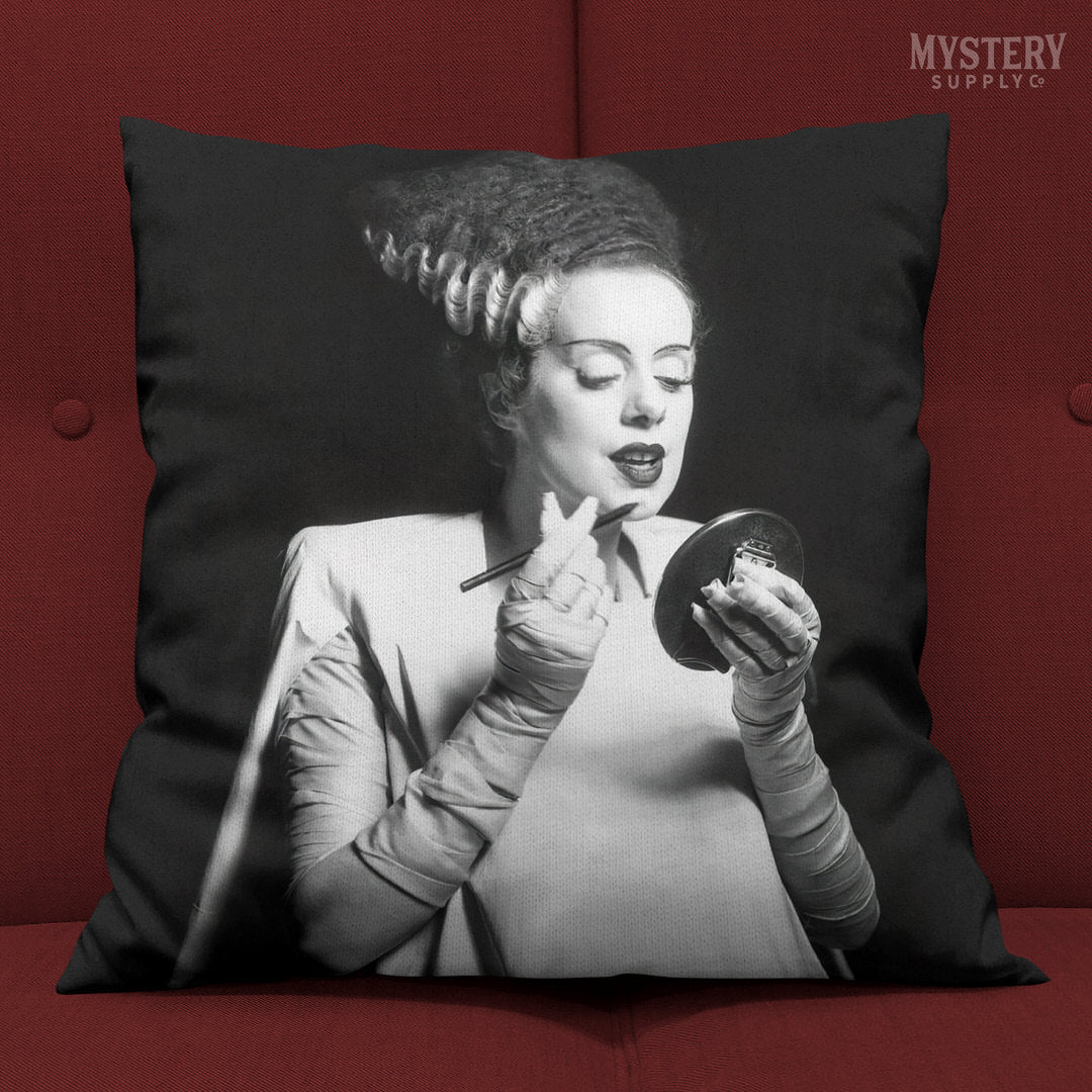 Bride of Frankenstein 1935 Vintage Horror Movie Monster Black and White Makeup Lipstick Behind the Scenes double sided decorative throw pillow home decor from Mystery Supply Co. @mysterysupplyco