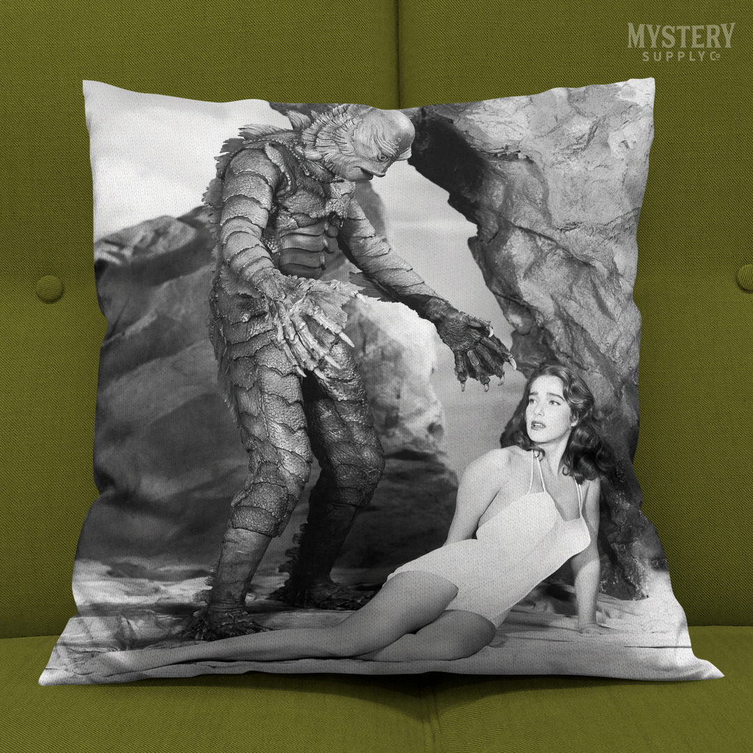Creature from the Black Lagoon 1954 vintage horror monster Julie Adams swimsuit and the gill man black and white double sided decorative throw pillow home decor from Mystery Supply Co. @mysterysupplyco