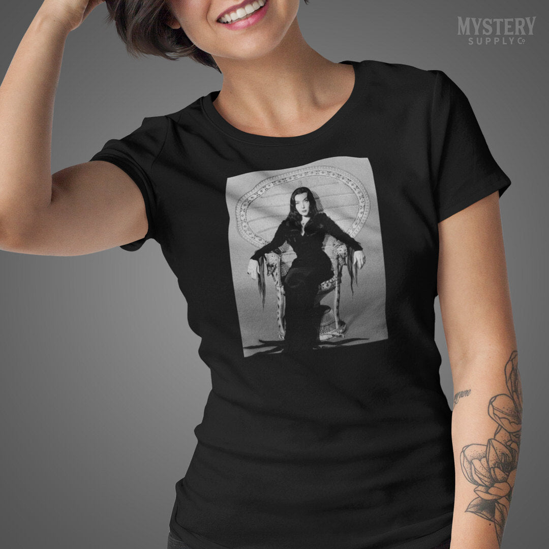 Morticia Addams Carolyn Jones 1960s Vintage Addams Family Witch Horror Monster Beauty Black and White Photo Mens Womens Unisex T-Shirt from Mystery Supply Co. @mysterysupplyco